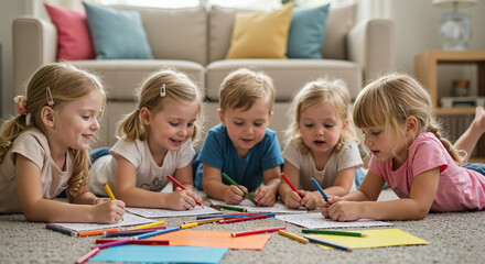 Fototapeta premium Five children drawing with crayons on the floor in a cozy living room 