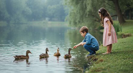 Children feeding ducks by the lake in a serene outdoor setting