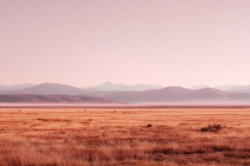 Serene, hazy sunrise over a vast, golden-brown field, rolling hills and distant mountains under a pale pink sky