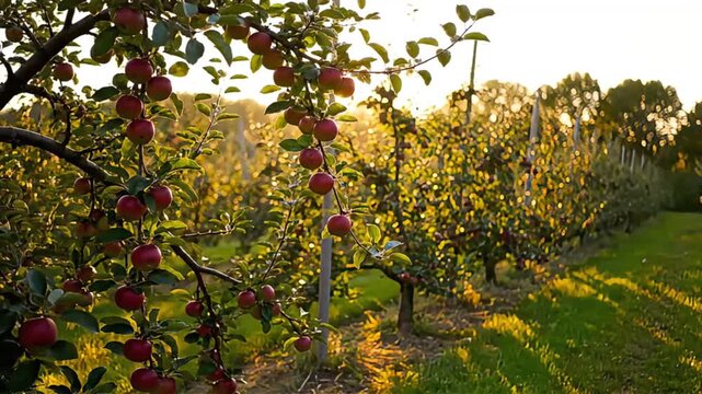 Golden hour sunlight on apple orchard trees bending in breeze in autumn season