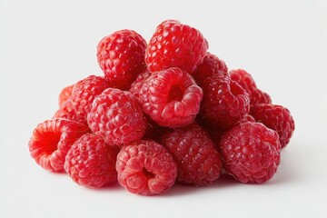 A small pile of fresh, ripe raspberries sits on a plain white background; their vibrant red color and slightly uneven surfaces are clearly visible