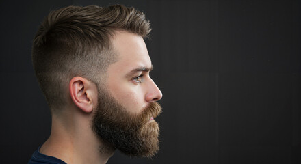 Obraz premium Man with beard and stylish haircut posing against black background 