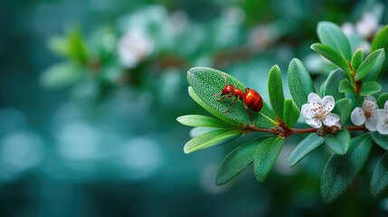 Detailed Closeup of Red Ant Carrying Green Leaf with White Flowers on Branch in Sunlight