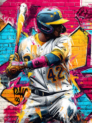 Focused Baseball Player Preparing to Swing in Vibrant Graffiti Urban Style Mural Illustration