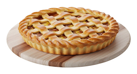 Golden brown latticetop apple pie on a wooden board, isolated on transparent background
