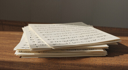 Sheet music stacks on a wooden surface in soft natural light  