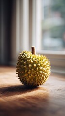 Durian fruit close up on wooden surface