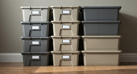 Storage bins stacked neatly in a modern indoor space  