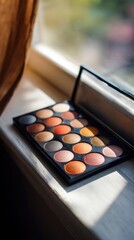 Makeup eyeshadow palette on windowsill