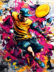 Athletic Frisbee Player Mid-Jump Reaching Out in Colorful Graffiti Urban Art Environment