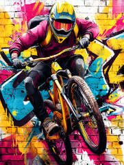 Downhill Mountain Biker in Mid-Jump Against Vivid Graffiti Wall in Urban Sport Aesthetic