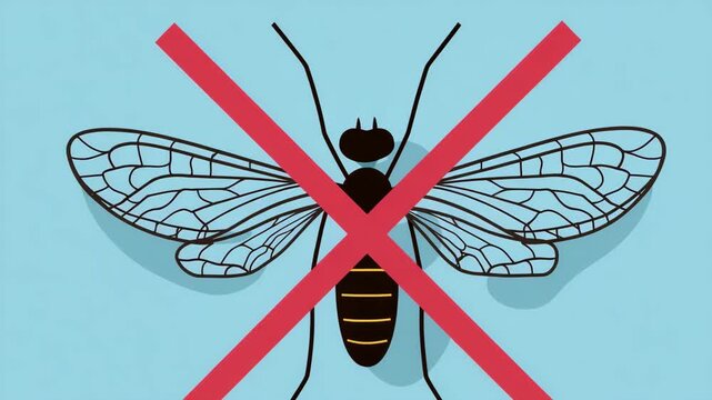 A red and black insect with a white stripe on its back. Conceptual clean illustration showing a no fly symbol over an open wound, prevention and hygiene concept, Myiasis minimal style