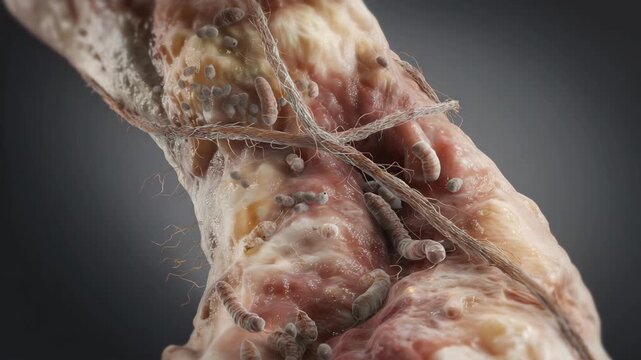 A close up of a dead body with a lot of hair and a lot of dirt on it.Realistic depiction of myiasis wound with multiple maggots visible, detailed medical illustration, clinical educational style
