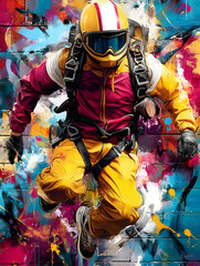 Skydiver Leaping Mid-Air in Colorful Urban Graffiti Art with Dynamic Streetwear Style