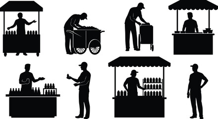 Street vendor silhouette, man selling drinks, beverage cart vector, food stall illustration, black silhouette market seller, shop kiosk worker, urban marketplace design © Rafin's World