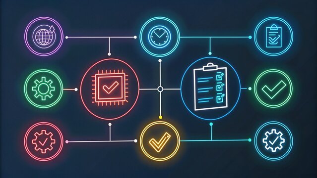 Digital Process Flow: This vibrant graphic portrays an efficient system, guiding the viewer through interconnected stages of modern technology and process