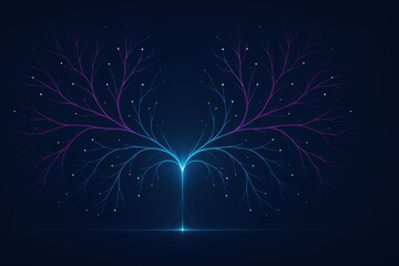 Symmetric neon branching tree from a single glowing point; blue-to-magenta limbs with dotted nodes
