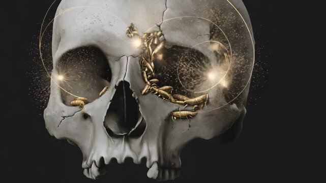 A skull with gold and silver paint on it. There are insects on the skull. Dark symbolic illustration of human skull with maggots crawling out of eye sockets, infection and decay Myiasis concept