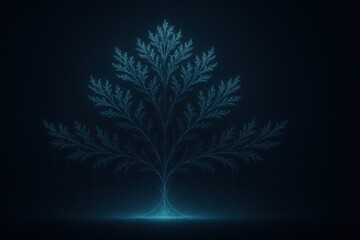 Tall fractal sapling with layered feathered branches, glowing base on dark stage
