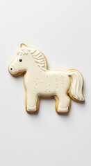 A beautifully decorated, cream-colored horse-shaped cookie, adorned with intricate icing details and subtle sprinkles, sits against a plain white background.