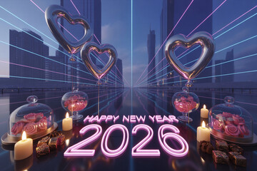 Celebrate a dazzling Happy New Year 2026 with glowing neon lights, heart balloons, roses, and chocolates in a futuristic city setting for a vibrant and festive atmosphere