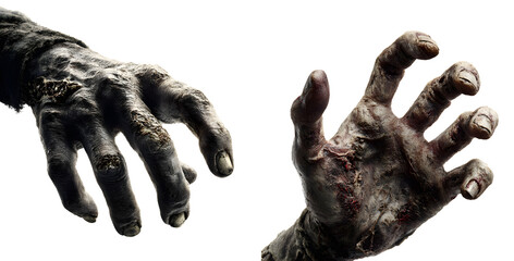 Zombie hands isolated on white background, horror monster claws cut out on transparent PNG