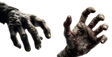 Zombie hands isolated on white background, horror monster claws cut out on transparent PNG