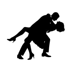 Silhouette of a couple dancing in a dramatic dip pose