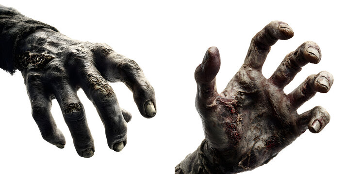 Zombie hands isolated on white background, horror monster claws cut out on transparent PNG