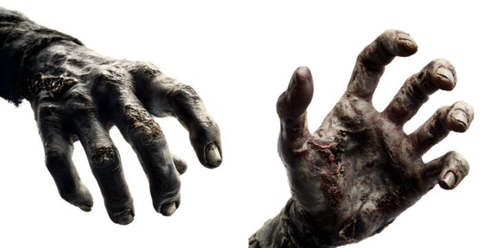 Zombie hands isolated on white background, horror monster claws cut out on transparent PNG
