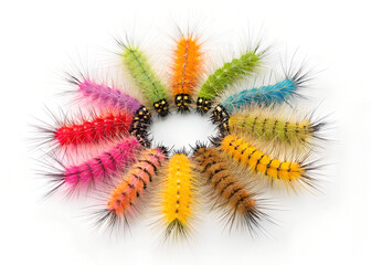Colorful caterpillars arranged in a circle isolated on a white background