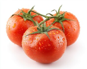 Three Ripe Red Tomatoes with Water Droplets on White Background
