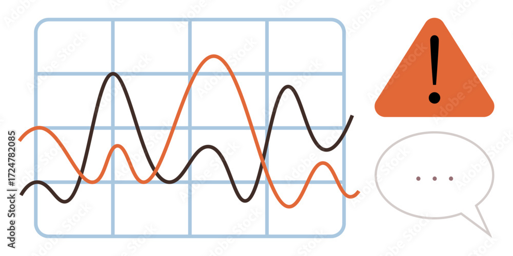 Poster graph with fluctuating lines, orange warning sign, and speech bubble suggesting risk, feedback, or i