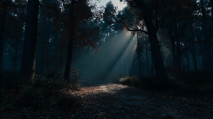 Moody forest scene with soft sunlight filtering through trees during Day of the Dead celebration