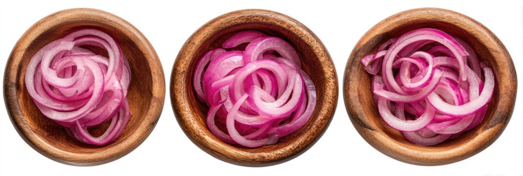 Three wooden bowls filled with thinly sliced, pickled red onions, viewed from above against a white background