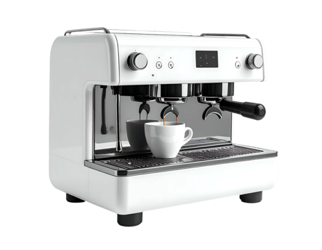 White coffee machine dispensing espresso into a cup