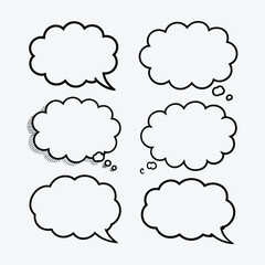Collection of six hand-drawn speech and thought bubbles vector illustration for comics and design vector