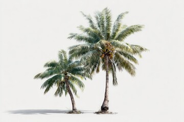 Obraz premium Two coconut palms, one larger than the other, stand against a plain white background, casting subtle shadows. Their fronds are detailed, showing slight variations in color and texture