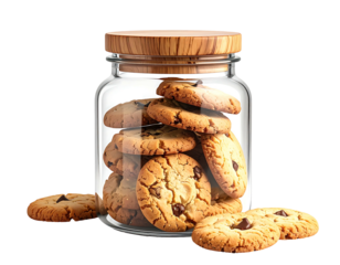 Clear glass jar filled with chocolate chip cookies, wooden lid