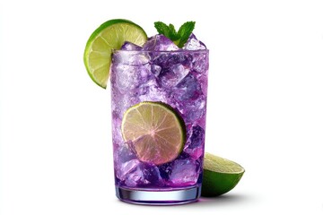 Icy purple beverage in tall glass, garnished with lime wedges and mint, set against a white background