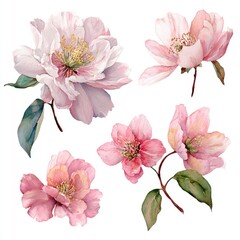 Delicate watercolor painting of four pink blossoms, showcasing varying stages of bloom and subtle green foliage against a stark white background