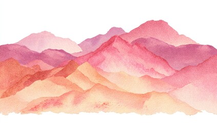 A watercolor landscape depicting a range of soft, pinkish-orange mountains fading into pale yellows and creams at the base, rendered with delicate washes and soft edges against a white background