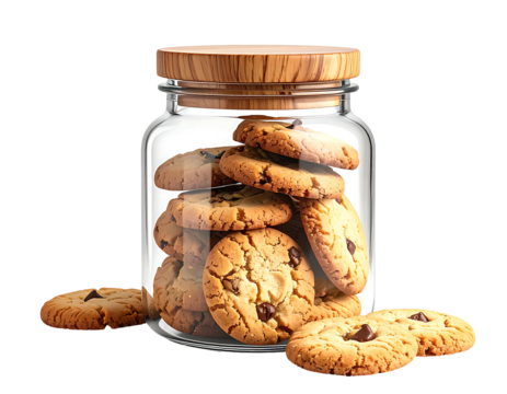 Clear glass jar filled with chocolate chip cookies, wooden lid