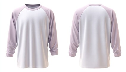 A white long-sleeved raglan shirt with pale lilac sleeves, shown front and back on a white background.  The shirt is plain and appears to be made of a soft, possibly cotton material