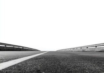 Monochrome perspective of a straight road vanishing into a bright horizon, flanked by low concrete barriers