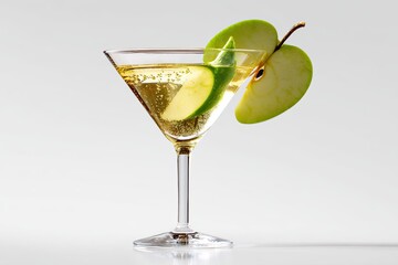Sparkling golden beverage in a martini glass, garnished with a green apple slice