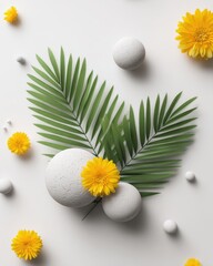 Minimalist composition of smooth white stones, vibrant yellow flowers, and lush green palm fronds on a bright white background