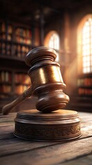 Wooden gavel on stand in courtroom setting