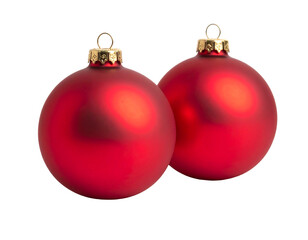 Two glossy red Christmas ornaments, sphere shape, gold-colored hangers