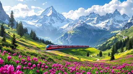 Scenic train ride through the swiss alps mountains with blooming flowers travel tourism destination landscape © CuteBee